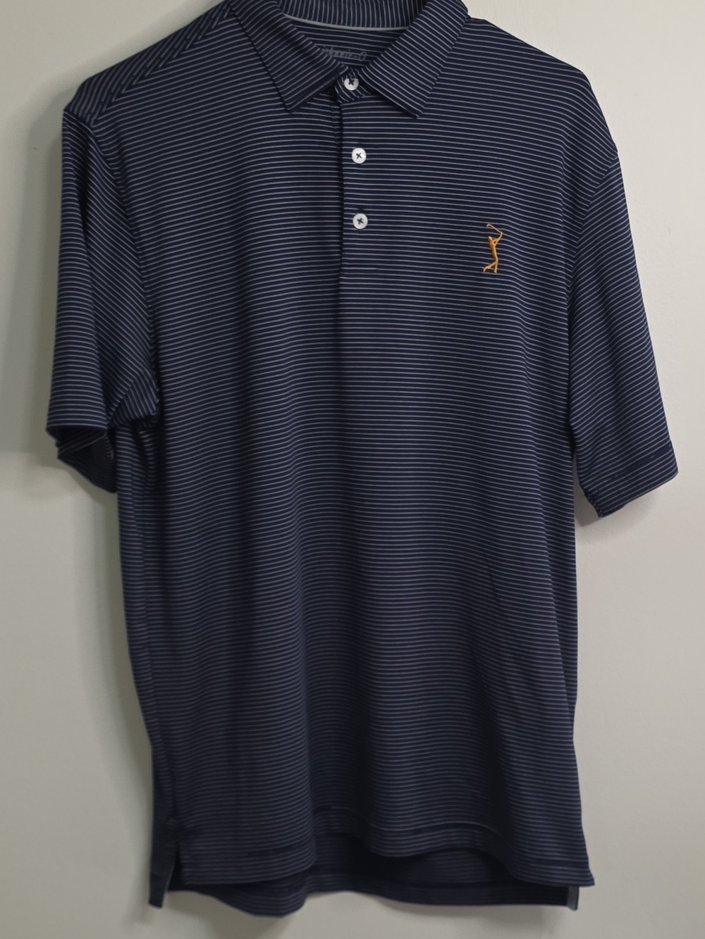 johnnie-O Navy and White Striped Polo with Gold Logo M